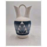 Handmade Pottery Pitcher – Geometric Blue and White Design Signed