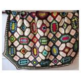 Vintage Crocheted Granny Square Afghan – Multicolor Oval Floral Motifs on Brown Ground