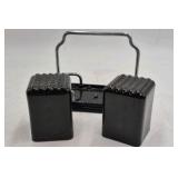 Vintage Black Ceramic Salt and Pepper Shakers with Chrome Caddy