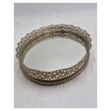 Vintage Filigree Mirrored Vanity Tray – Oval Gold Tone Border