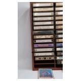 Vintage Cassette Tape Collection in Wooden Wall Rack – 1970s-1980s Rock Pop Mix