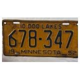 1952 Minnesota License Plate – 10,000 Lakes Yellow and Black