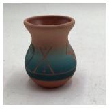 Vintage Sioux Pottery Vase – Teal Gradient Geometric Crosses Signed