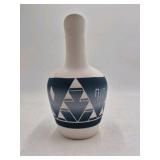 Handmade Pottery Pitcher – Geometric Blue and White Design Signed
