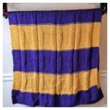 Vintage Knitted Afghan – Purple and Gold Striped with Textured Panels