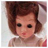 Vintage Small Brunette Vinyl Doll – Red Polka Dot Dress Large Bow