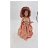 Vintage Miniature Doll – Peach Satin Dress with Oversized Bonnet
