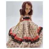Vintage Storybook Doll – Polka Dot Dress with Black Lace Trim