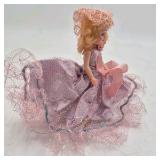 Vintage Miniature Doll – Pink Satin Dress with Net Overskirt and Large Bow Hat