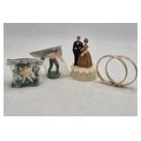 Vintage Miniature Cake Toppers and Wedding Rings – Bride Groom Bowler and Football Players