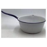 Vintage White Enamel Saucepan with Blue Rim