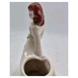Vintage Ceramic Lady Figurine Planter – Red Hair Green Dress Accents