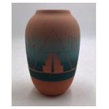 Vintage Sioux Pottery Vase – Teal Gradient Stepped Pueblo Design Signed