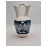 Handmade Pottery Pitcher – Geometric Blue and White Design Signed