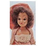Vintage Miniature Doll – Peach Satin Dress with Oversized Bonnet