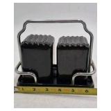 Vintage Black Ceramic Salt and Pepper Shakers with Chrome Caddy