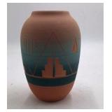 Vintage Sioux Pottery Vase – Teal Gradient Stepped Pueblo Design Signed