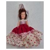 Vintage Small Brunette Vinyl Doll – Red Polka Dot Dress Large Bow