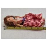 Vintage Small Vinyl Doll – Striped Red White Dress Fringed Top Pigtails