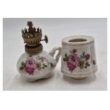 Vintage Miniature Ceramic Oil Lamp – Floral Rose Pattern with Brass Fittings