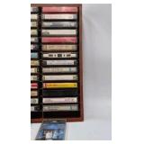 Vintage Cassette Tape Collection in Wooden Wall Rack – 1970s-1980s Rock Pop Mix