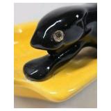 Vintage Yellow Ceramic Ashtray with Black Panther Figurine