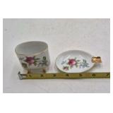 Vintage Porcelain Mustache Cup and Saucer – Floral Rose Pattern with Gold Trim