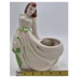 Vintage Ceramic Lady Figurine Planter – Red Hair Green Dress Accents
