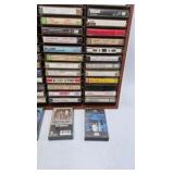 Vintage Cassette Tape Collection in Wooden Wall Rack – 1970s-1980s Rock Pop Mix