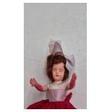 Vintage Small Brunette Vinyl Doll – Red Polka Dot Dress Large Bow