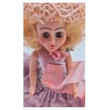 Vintage Miniature Doll – Pink Satin Dress with Net Overskirt and Large Bow Hat