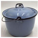 Vintage Blue Enamel Bucket Pot with Lid – Graniteware Camp Cooker