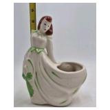 Vintage Ceramic Lady Figurine Planter – Red Hair Green Dress Accents