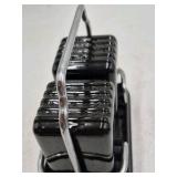 Vintage Black Ceramic Salt and Pepper Shakers with Chrome Caddy