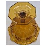 Amber Depression Glass Compote – Intricate Geometric Cut Bowl