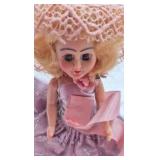 Vintage Miniature Doll – Pink Satin Dress with Net Overskirt and Large Bow Hat