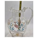 Vintage Glass Pitcher – Hand-Painted Heron and Foliage Design