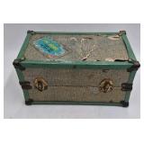Vintage Small Dolls in Green Travel Trunk – Mesh Interior and Hinged Lid