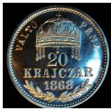 Very Scarce 1868 KB Hungary 20 Krajczar Silver Proof Restrike, Deep Mirrors w/minor hairlines, KM# 447