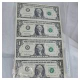 1995 Uncut Washington $1 Uncut Sheet of 4, UNC