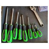 Green-Handle Screwdrivers Set with Adjustable Wrench & Orange Pliers