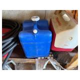 Igloo Cooler - Blue Water Containers - Coiled Hose - Golf Balls - Wooden Crate