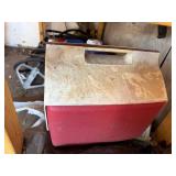 Igloo Cooler - Blue Water Containers - Coiled Hose - Golf Balls - Wooden Crate