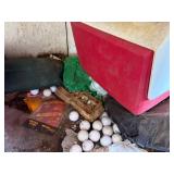 Igloo Cooler - Blue Water Containers - Coiled Hose - Golf Balls - Wooden Crate