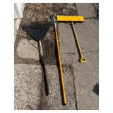 Leaf Rake, Push Broom & Long-Handed Tree Pruner Tool (Lot of 3)