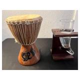 Djembe Drum & Viking Style Glass Beer Drinking Horn on Wood Stand