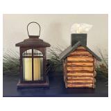 Lantern Candle Holder & Rustic Log Cabin Tissue Box Holder w Pine Cone Garland