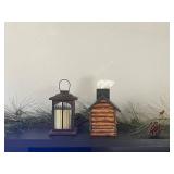 Lantern Candle Holder & Rustic Log Cabin Tissue Box Holder w Pine Cone Garland