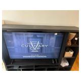 Entertainment Center TV Stand - 72in Wide, Black Wood, Open Shelves - contents not inc