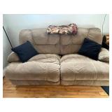 Beige Fabric 2-Seater Sofa - Cushioned Tan Couch w hand made throw